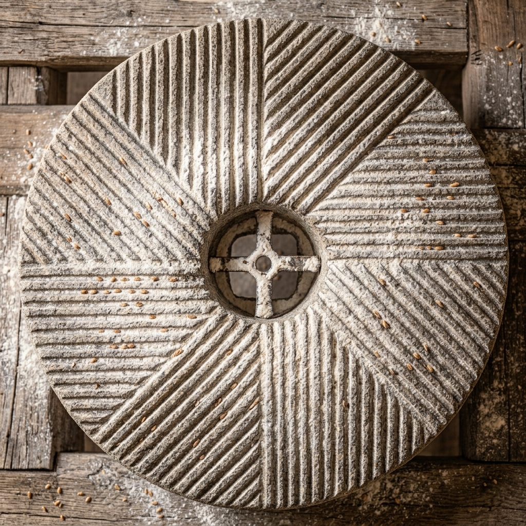 A stone milling wheel lying face up on weathered boards, its grooves cut in four quarters and dusted with flour, a scatter of wheat grains around it.
